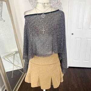 Whimsygoth Semi Sheer Black White Mesh Polkadot Shawl Asymmetric Raw Hem Top OS